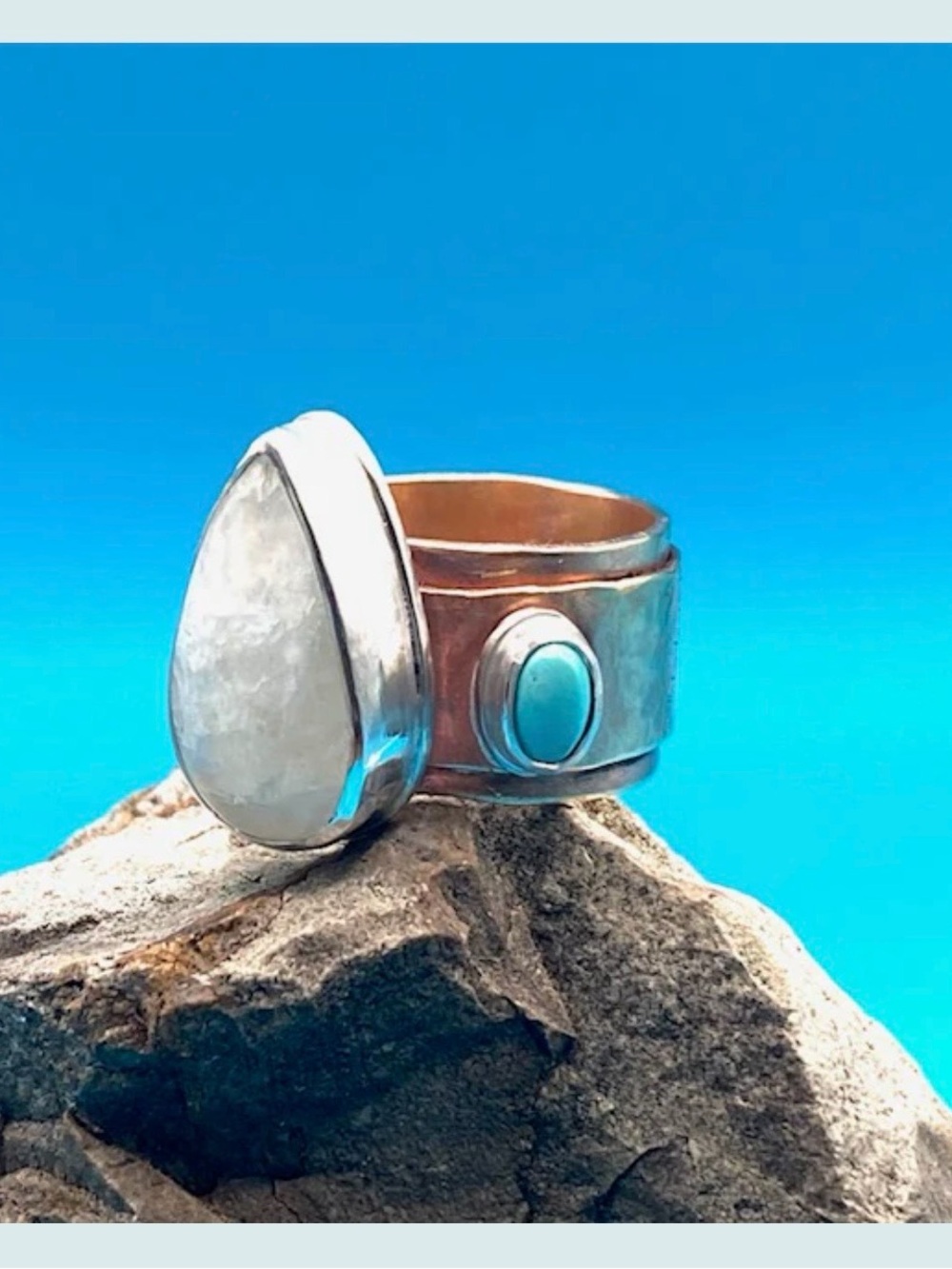 Moonstone Teardrop Brass Sterling Silver and Turquoise Rustic Ring